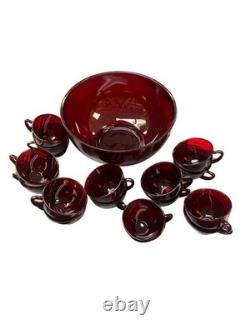 23 PC Ruby Red Vintage Glass Punch Bowl Set. 1 Bowl 15 Cups, 7 Saucers, 1 Plate