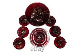 23 PC Ruby Red Vintage Glass Punch Bowl Set. 1 Bowl 15 Cups, 7 Saucers, 1 Plate