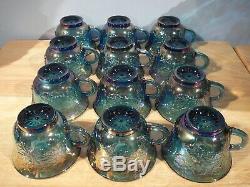 26 piece Indiana Harvest Grape Blue Iridescent Carnival Glass Punch Bowl Set