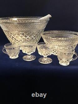 39 Pc Punch Bowl Set 12 Cups & 12 Sherbet Cups Anchor Hocking Diamond Pt Wexford