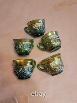 (5) Northwood Carnival Glass Green Acorn Burrs Punch Cups Signed
