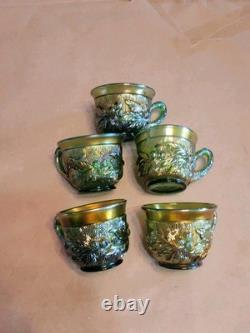 (5) Northwood Carnival Glass Green Acorn Burrs Punch Cups Signed