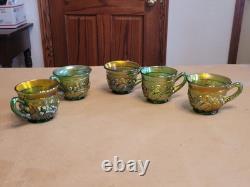 (5) Northwood Carnival Glass Green Acorn Burrs Punch Cups Signed