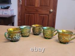 (5) Northwood Carnival Glass Green Acorn Burrs Punch Cups Signed