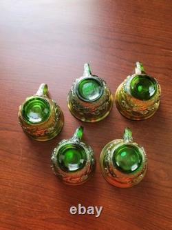 (5) Northwood Carnival Glass Green Acorn Burrs Punch Cups Signed