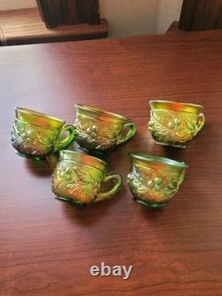 (5) Northwood Carnival Glass Green Acorn Burrs Punch Cups Signed