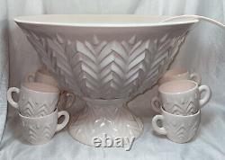 50s Jeanette Feather Pattern Shell Pink Milk Glass Punch Bowl-Base-Ladle-8 Cups