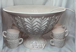 50s Jeanette Feather Pattern Shell Pink Milk Glass Punch Bowl-Base-Ladle-8 Cups