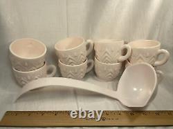 50s Jeanette Feather Pattern Shell Pink Milk Glass Punch Bowl-Base-Ladle-8 Cups