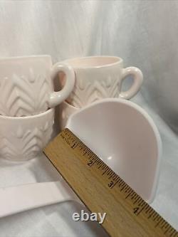 50s Jeanette Feather Pattern Shell Pink Milk Glass Punch Bowl-Base-Ladle-8 Cups