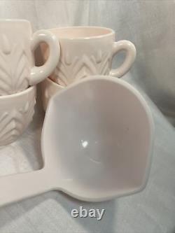 50s Jeanette Feather Pattern Shell Pink Milk Glass Punch Bowl-Base-Ladle-8 Cups