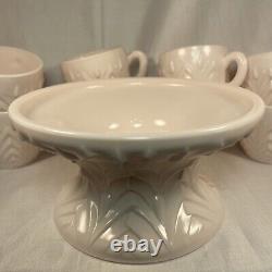 50s Jeanette Feather Pattern Shell Pink Milk Glass Punch Bowl-Base-Ladle-8 Cups