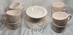 50s Jeanette Feather Pattern Shell Pink Milk Glass Punch Bowl-Base-Ladle-8 Cups