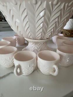 50s Jeanette Feather Shell Pink Milk Glass Punch Bowl Set cups Base Baby Shower