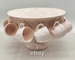 50s Jeanette Feather Shell Pink Milk Glass Punch Bowl Set with 12 cups + Base