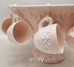 50s Jeanette Feather Shell Pink Milk Glass Punch Bowl Set with 12 cups + Base