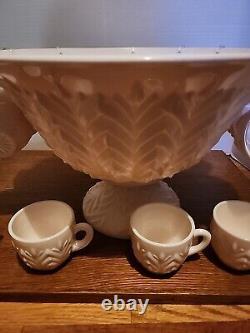 50s Jeanette Feather Shell Pink Milk Glass Punch Bowl Set with 12 cups + Base