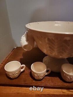 50s Jeanette Feather Shell Pink Milk Glass Punch Bowl Set with 12 cups + Base