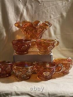 7 Pc Imperial Carnival Glass Punch Bowl Base & Cups Hobstar Arches Pat. Marigold