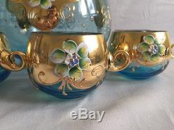 7-Piece Vintage Bohemia Czech Covered Punch Bowl with 6 matching cups