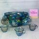 70's Indiana Glass PRINCESS BLUE CARNIVAL Iridescent Grape Punch Bowl & Cups Set
