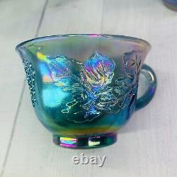 70's Indiana Glass PRINCESS BLUE CARNIVAL Iridescent Grape Punch Bowl & Cups Set