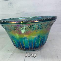 70's Indiana Glass PRINCESS BLUE CARNIVAL Iridescent Grape Punch Bowl & Cups Set