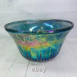 70's Indiana Glass PRINCESS BLUE CARNIVAL Iridescent Grape Punch Bowl & Cups Set