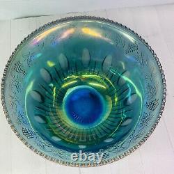 70's Indiana Glass PRINCESS BLUE CARNIVAL Iridescent Grape Punch Bowl & Cups Set