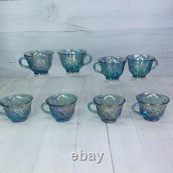 70's Indiana Glass PRINCESS BLUE CARNIVAL Iridescent Grape Punch Bowl & Cups Set