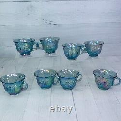 70's Indiana Glass PRINCESS BLUE CARNIVAL Iridescent Grape Punch Bowl & Cups Set