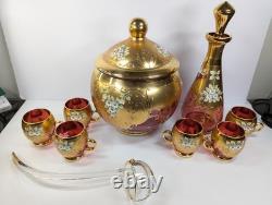 9 Pc Set Bohemian Czech Glass Cranberry Gold Gilt Hand Painted Punch Bowl Set