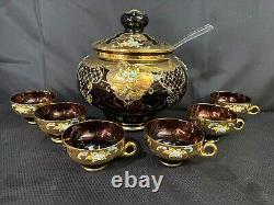 9 Pc Set Bohemian Czech Glass Cranberry Gold Gilt Hand Painted Punch Bowl Set