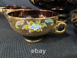 9 Pc Set Bohemian Czech Glass Cranberry Gold Gilt Hand Painted Punch Bowl Set