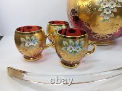 9 Pc Set Bohemian Czech Glass Cranberry Gold Gilt Hand Painted Punch Bowl Set