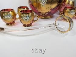 9 Pc Set Bohemian Czech Glass Cranberry Gold Gilt Hand Painted Punch Bowl Set