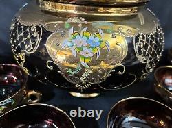 9 Pc Set Bohemian Czech Glass Cranberry Gold Gilt Hand Painted Punch Bowl Set