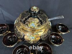 9 Pc Set Bohemian Czech Glass Cranberry Gold Gilt Hand Painted Punch Bowl Set