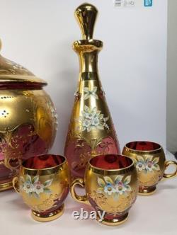 9 Pc Set Bohemian Czech Glass Cranberry Gold Gilt Hand Painted Punch Bowl Set