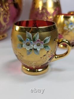 9 Pc Set Bohemian Czech Glass Cranberry Gold Gilt Hand Painted Punch Bowl Set