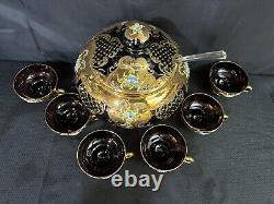 9 Pc Set Bohemian Czech Glass Cranberry Gold Gilt Hand Painted Punch Bowl Set