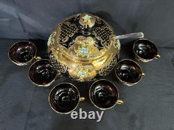 9 Pc Set Bohemian Czech Glass Cranberry Gold Gilt Hand Painted Punch Bowl Set