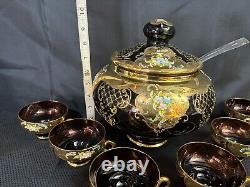 9 Pc Set Bohemian Czech Glass Cranberry Gold Gilt Hand Painted Punch Bowl Set