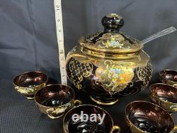 9 Pc Set Bohemian Czech Glass Cranberry Gold Gilt Hand Painted Punch Bowl Set