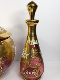 9 Pc Set Bohemian Czech Glass Cranberry Gold Gilt Hand Painted Punch Bowl Set