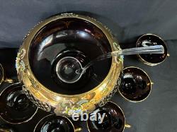 9 Pc Set Bohemian Czech Glass Cranberry Gold Gilt Hand Painted Punch Bowl Set