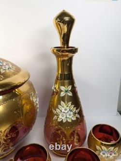 9 Pc Set Bohemian Czech Glass Cranberry Gold Gilt Hand Painted Punch Bowl Set