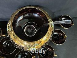 9 Pc Set Bohemian Czech Glass Cranberry Gold Gilt Hand Painted Punch Bowl Set