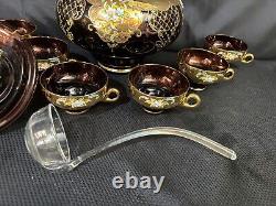 9 Pc Set Bohemian Czech Glass Cranberry Gold Gilt Hand Painted Punch Bowl Set