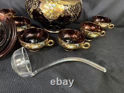 9 Pc Set Bohemian Czech Glass Cranberry Gold Gilt Hand Painted Punch Bowl Set